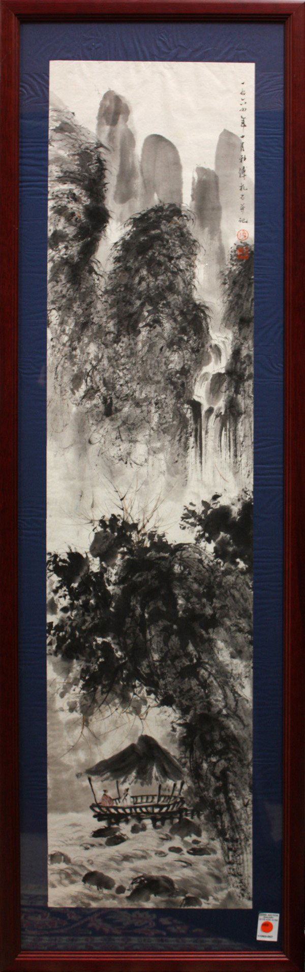 Chinese Painting, Fu Baoshi, Landscape: Framed Chinese painting, Figures in Landscape, after Fu Baoshi (1904-1965), ink and color on paper, upper right bears signature 'Fu Baoshi', dated (=1964, tenth month) and followed by two seals, overa