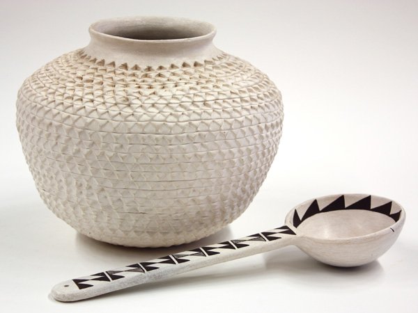 Acoma pottery vessels: (lot of 2) Acoma pottery corrugated olla signed Jesse Garcia, 10.5''h, together with laddle having geometric design signed Sarah Garcia, 13''l