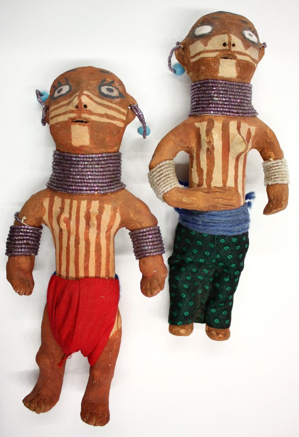 Mojave pottery dolls: Pair of Mojave pottery dolls having beaded decoration, each approx. 8.5"h