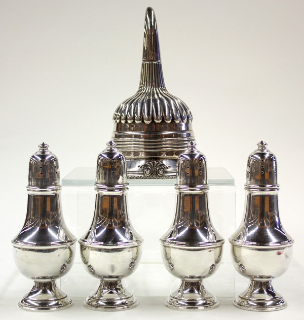 English sterling silver wine funnel: (lot of 5) English sterling silver wine funnel having fluted repousse and armorial decoration, and monogramed ''A,'' hallmarked London, 1811, George III, bearing ''IC'' maker's mark, 6.93 troy oz; tog
