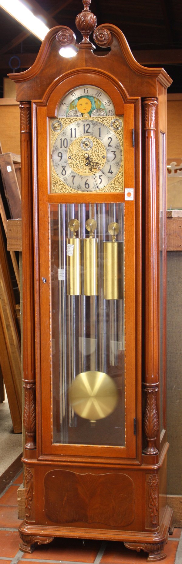 1961 Herschede tall clock: 1961 Herschede tall clock with time and strike 3-weight driving movement having Canterbury, Westminster, and Whittington tube chimes and moon phase dial, keys and booklet in office
