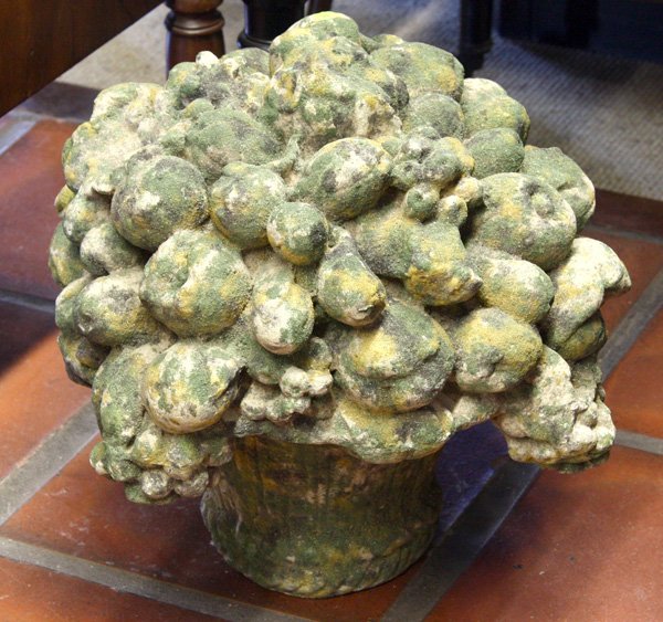 Cement garden ornament: Pair of cast cement garden ornaments in flower basket form, 16''h