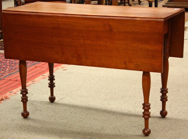 New England birch 19th century drop-leaf table: New England birch 19th century drop-leaf table with turned legs, 29''h x 42''w x 19''d (43''d extended)