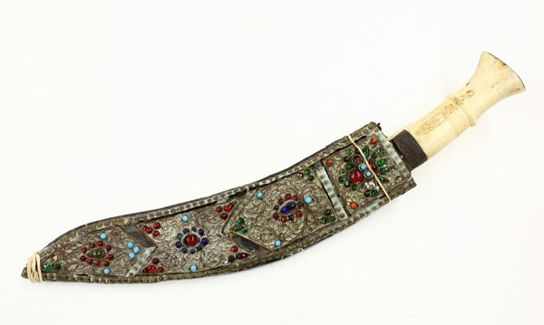 Himalayan Dagger With Inlaid Scabbard: Nepalese kukri/khukri with inlaid sheath, the unique curved metal knife with a bone handle and encased in a wooden scabbard with a small knife (karda) and sharpener (chakmak) to the leather-covered re