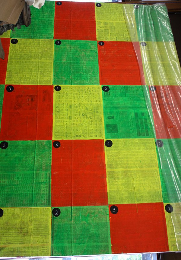 Mixed media, Chris Martin, Carpet Waltz, DAM: Unframed acrylic and newspaper on canvas, ''Carpet Waltz,'' 1989, by Chris Martin (American, b.1948), signed verso, overall: 128.75''h x 106.75''w. Denver Art Museum Deaccession.