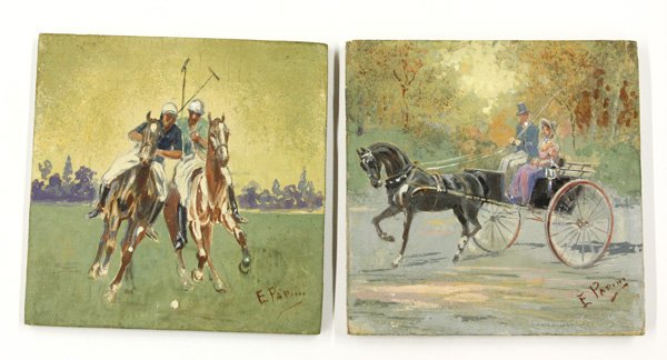 Paintings, Emilio Papini, Polo Scene & Buggy: Lot of 2 unframed tempera on board, Polo Scene & Horse with Buggy, by Emilio Papini (Italian), each signed ''E Papini'' lower right, each ovearll: 4''h x 4''w