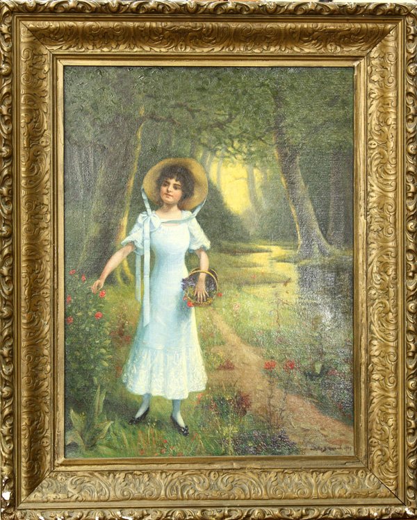 Painting, J. Phillip Schmand, Woman in Forest Pic: Framed oil on canvas, Woman Gathering Flowers Along a Forest Path, 1909, by J.Phillip Schmand (American, 1871-1942), signed and dated lower right, overall: 25.5''h x 21.75''w