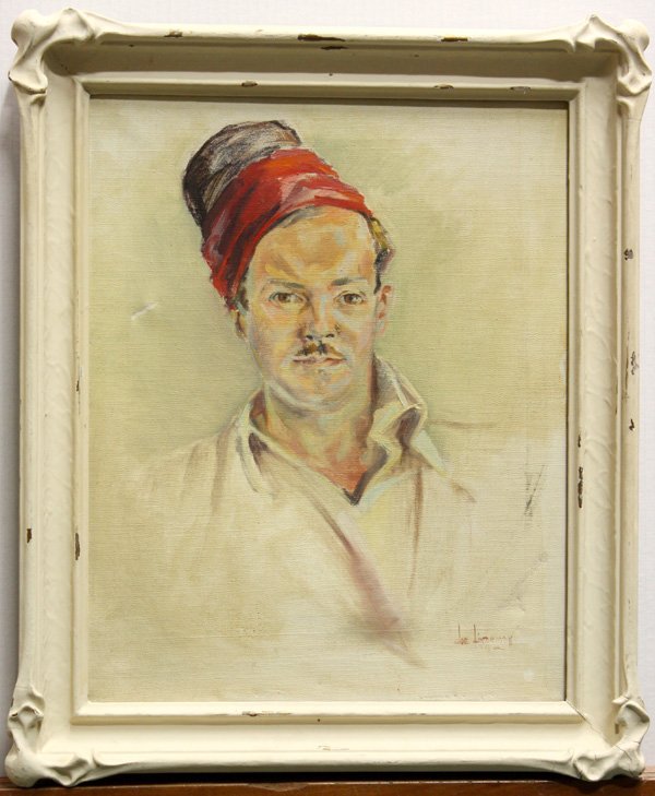 Painting, Portrait of a Man in a Hat, Joe Li?: Framed oil on canvas, Man in a Black and Red Hat, signed indistinctly (Joe Lindeman) lower right, overall: 24.25''h x 20''w