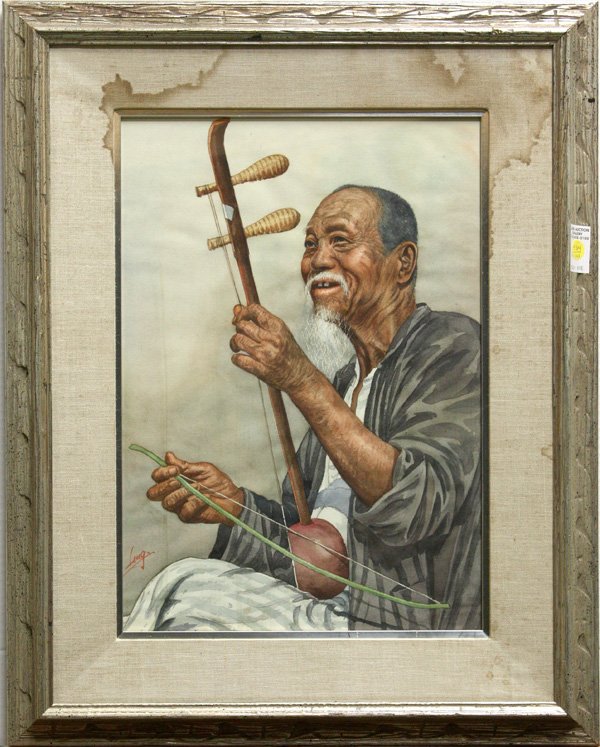 Watercolors, Old Asian Woman and Man: (lot of 2) Framed watercolors, Elderly Asian Woman and Elderly Asian Man with Erhu, both signed ''Ling'' lower left, largest overall: 29''h x 24''w