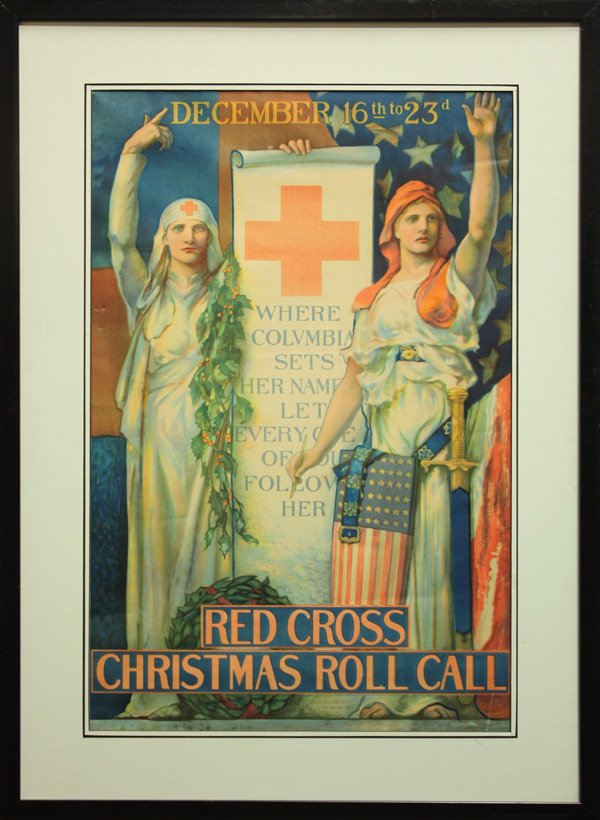 Litho, Red Cross Christmas Roll Call, 1918: Framed color lithograph poster, Red Cross Christmas Roll Call, by Edwin Howland Blashfield (American, 1848-1936), plate signed and dated ''E.H. Blashfield 1918,'' sight: 27.5''h x 18''w, overall: 34.2