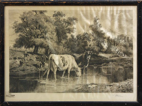 etching, after Thomas Moran, Cows by Stream: Framed etching on silk, Cows by a Stream, after Thomas Moran (Californian, 1837-1926), signed lower left, overall: 20.5''h x 27.625''w