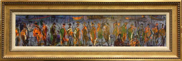 Painting, Pascal Cucaro, Line of Figures: Framed oil on canvas, Abstract Figures in a Line, by Pascal Cucaro (Californian, 1915-2004), signed upper left, overall: 14.5''h x 42.5''w
