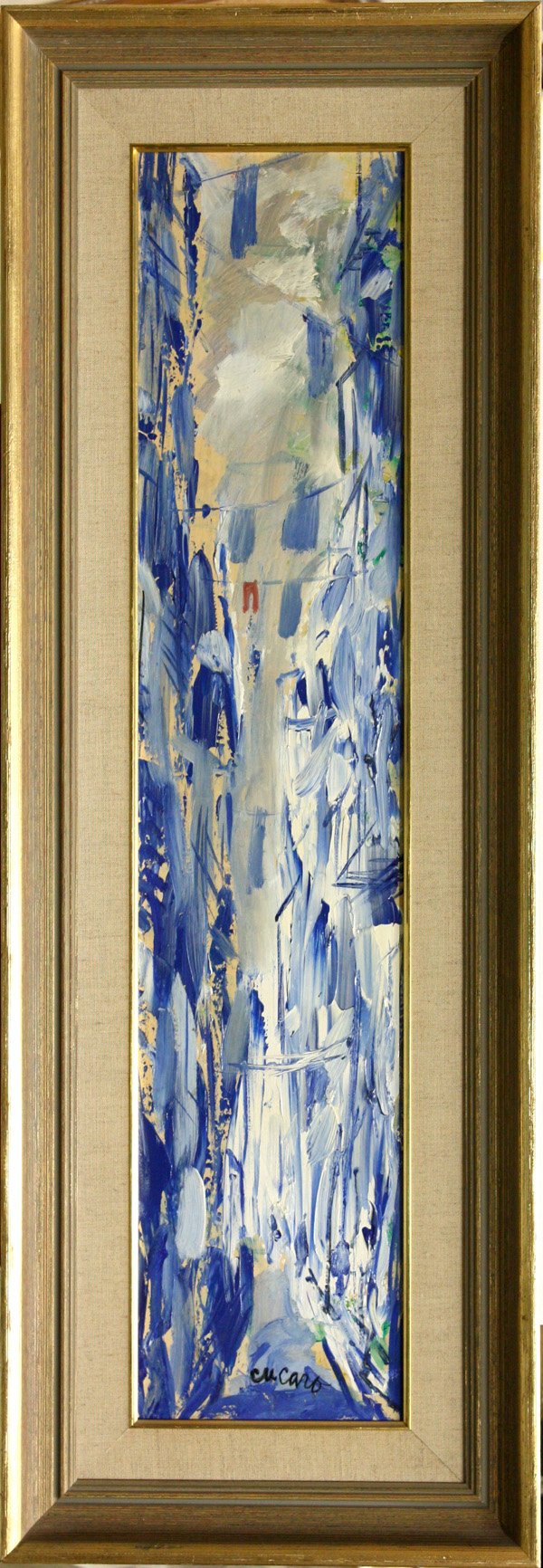 Painting, Cucaro, Street with Drying Laundry: Framed oil on board, Abstract Street Scene with Drying Laundry, by Pascal Cucaro (Californian, 1915-2004), signed lower center, overall: 43''h x 14.75''w