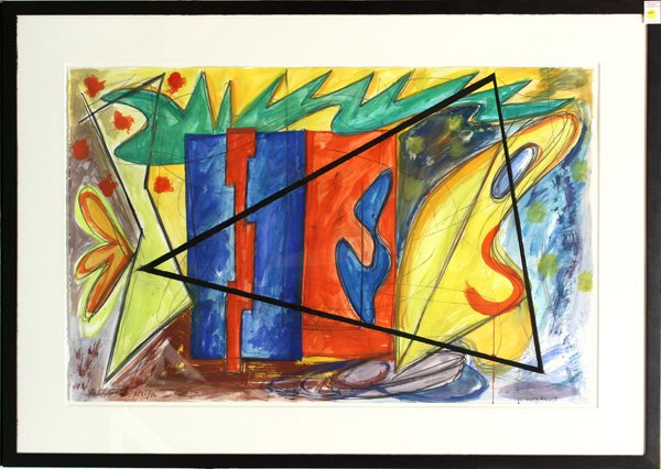 Mixed media, Peter Stevens, Off the Wall: Framed mixed media on paper, ''Off the Wall,'' 1986, by Peter Stevens (American, Contemporary), signed and dated lower left, inscribed lower right ''F19 Triangle,'' Shearson Lehman Brothers label affi