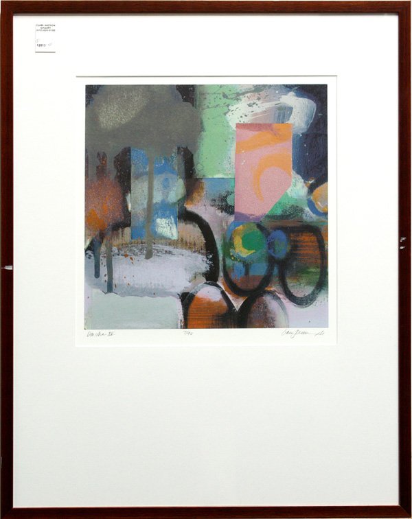 Lithograph, Gary Denmark, Abstract: Framed color lithograph, ''Mesa Mantra,'' by Gary Denmark (American, Contemporary), signed lower right, numbered lower left, overall: 34.125''h x 228.375''w