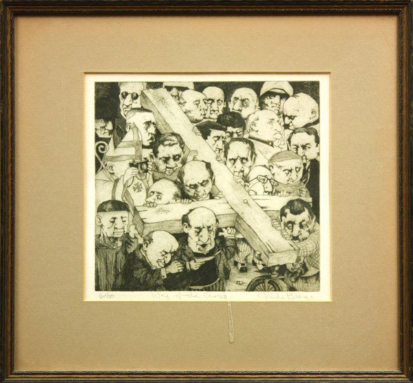 Engraving, Charles Bragg, Way of the Cross: Framed engraving and aquatint, ''Way of the Cross,'' by Charles Bragg (Californian, b. 1931), signed ''Charles Bragg'' lower right, numbered 6/100 lower left, titled center, plate 7.375''h x 7.875''w,