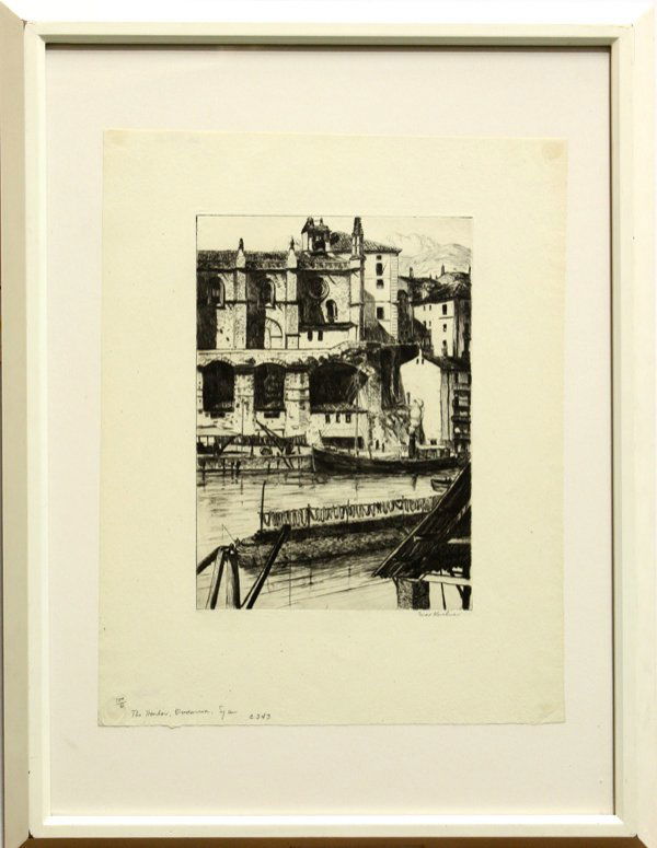 etching, Max Kuehne, Ondarroa, Spain: Framed etching, ''The Harbor, Ondarroa, Spain,'' by Max Kuehne (American, 1880-1968), pencil signed lower right, Estate stamped verso, overall: 22''h x 16.25''w