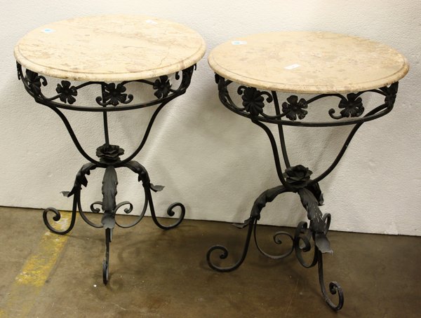 marble top and wrought iron gueridons: Pair of marble top and wrought iron gueridons, of a French style, with an open frieze having applied stylized rosettes on a scroll base decorated with acanthus, 28.5''h x 22''diam.