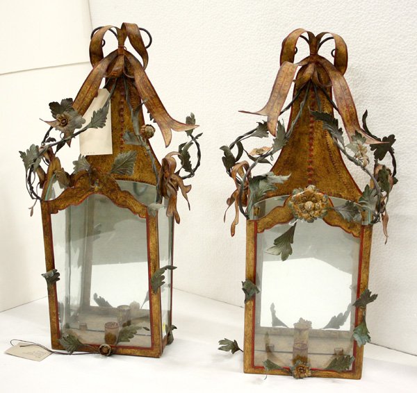 Louis XV style iron lanterns: Pair of Louis XV style polychromed iron lanterns having mirrored back and old glass, 23''h x 12''w x 7.5''d