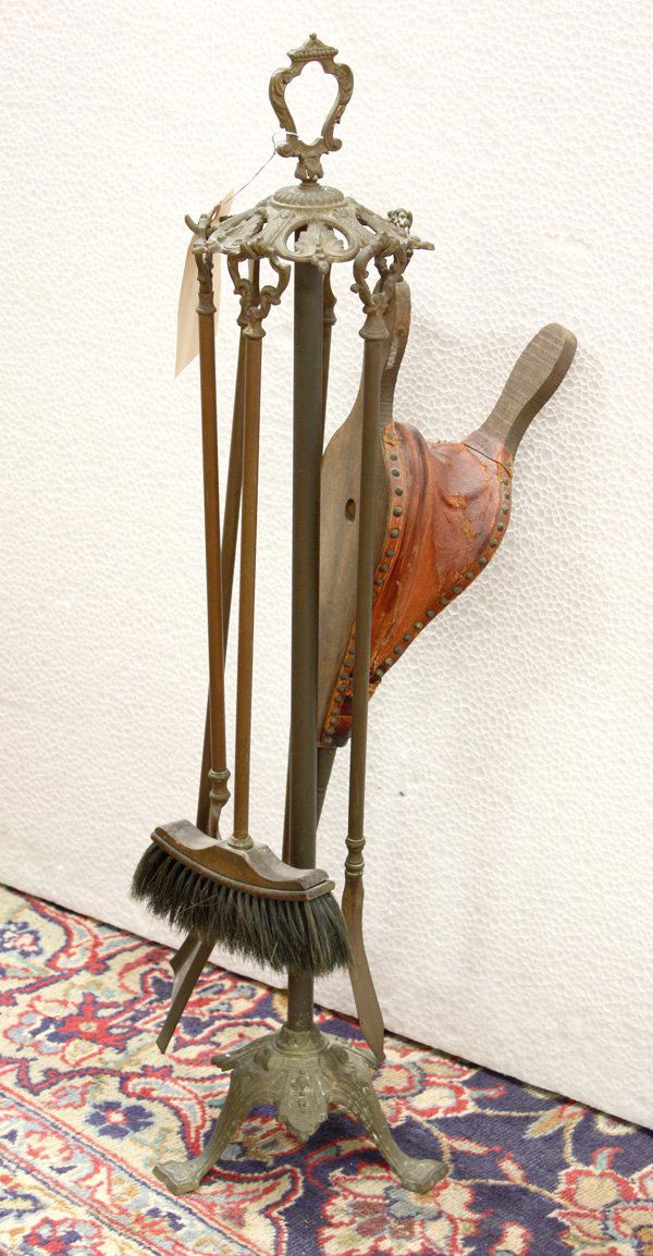 fireplace tool set: Five piece brass fireplace tool set with stand including bellows, poker, broom, shovel, and tongs, 30''h