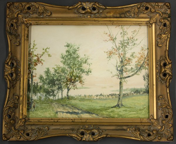 Watercolor, Moose Lake, Maine, Path, Ships: Framed watercolor, ''Moose Lake, Maine,'' unsigned, titled verso, sight: 10.375''h x 13.25''w, overall: 15.125''h x 18.125''w
