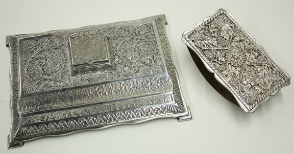 Russian embossed and engraved desk set: (lot of 2) Russian embossed and engraved desk set, consisting of an ink blotter, and a pen tray with ink well, both pieces having foliate grapevine motif 10''w