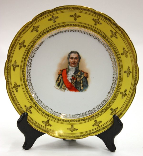 Austrian porcelain cabinet plate: Austrian porcelain cabinet plate, having a scalloped, gilt decorated border on yellow ground, the center a portrait of François Joseph Lefebvre, 1st Duc of Dantzig and Marshall during the Napoleanic 