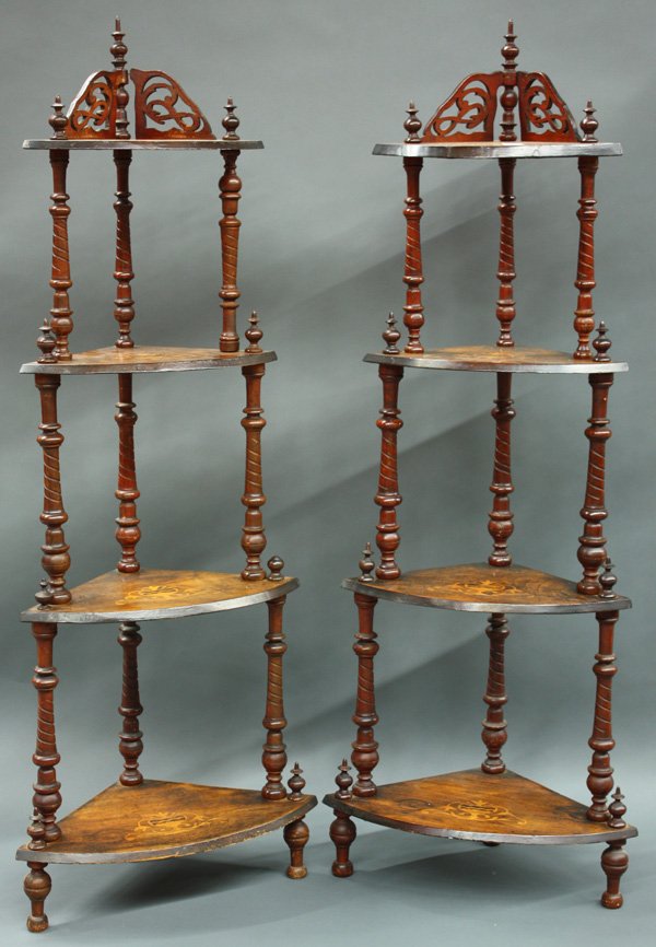 Victorian marquetry inlaid corner etegeres: Pair of Victorian marquetry inlaid corner etegeres with pierced galleries. 59.5''h X 24''w X 13''d.