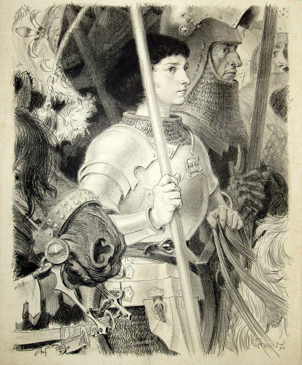 litho, Eugene Grasset, Joan of Arc, Jeanne d'Arc: Unframed lithograph on linen backing, Joan of Arc, 1894, by Eugene Grasset (French, 1841-1917), stone signed ''E. Grasset'' lower right, overall: 30.5''h x 25.25''w