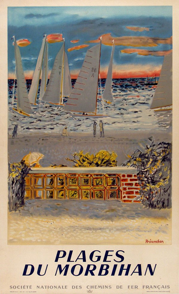 Litho, Brianchon, Travel Poster, Morbihan Beaches: Unframed color lithograph on linen backing, Plages du Morbihan, 1950, after Maurice Brianchon (French, 1889-1979), overall: 39.75''h x 24''w