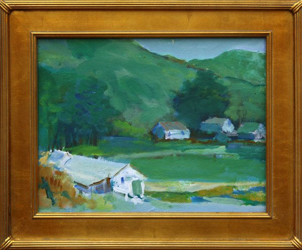 Painting, Louis Siegriest, Bolinas Farm: Framed oil on canvas, Bolinas Farm, 1975, by Louis Siegriest(Californian, 1899-1989), signed and dated ''Siegrist 1975'' on stretcher bar verso, titled on Oakland Museum label affixed verso, sight: 14