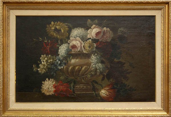 Painting, Still Life, Continental School, Flowers: Framed oil on canvas, Still Life with Sunflower, Roses and other Flowers in an Urn, unsigned, Continental School, sight: 18.25''h x 29.25''w, overall: 24.75''h x 36''w