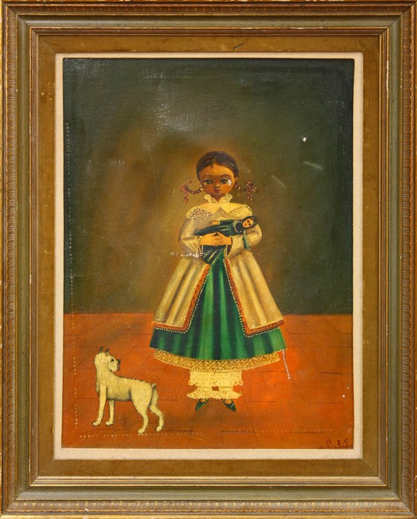 Painting, manner of Agapito Labios, Girl Doll Dog: Framed oil on canvas, Young Girl in Green Dress with a Doll and a White Dog, by Agapito Labios (Mexican, 1898-1996), signed ''a. Labios'' lower right, sight: 21''h x 15.5''w, overall: 27.625''h x 22''