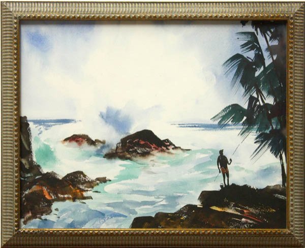 Watercolor, Robert Landry, Near Black Point: Framed watercolor on paper, ''Near Black Point,'' 1949, by Robert Landry (Californian, 1921-1991), dated and signed verso, sight: 14''w x 11''h, overall: 15.5''w x 11.5''h