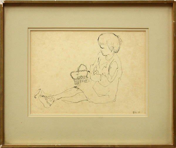 Drawing, William Dole, Young Girl: Framed pen and ink on paper, Pouting Girl, 1955, by William Dole (California, 1917-1983), signed and dated ''W. Dole'' lower right, label affixed verso, sight 8.5''h x 12''w, overall: 15''h x 12''w