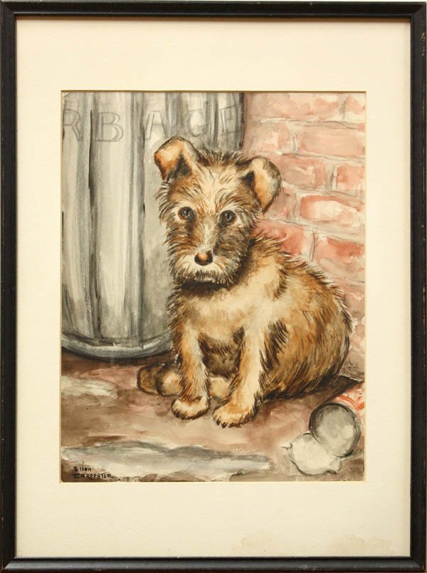 Watercolor, Ellen L. Carpenter, Stray Puppy: Framed watercolor with coloer pencil, Stray Puppy in an Alley, by, Ellen L. Carpenter (California, 1906-1986), signed ''Ellen Carpenter,'' sight: 13.5''h x 10.5''w, overall: 19.5''h x 14.5''w