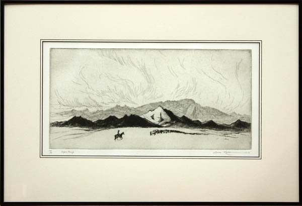Etching, Gene Kloss, Open Range: Framed etching, ''Open Range,'' by Gene Kloss (New Mexican, 1903-1996), pencil signed ''Gene Kloss'' lower right, titled lower left, plate: 7.5''h x 15''w, sight: 8.5''h x 15.75''w, overall: 15''h x 2