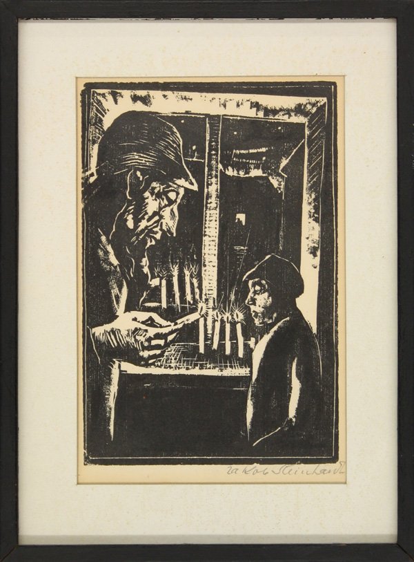 Woodcut, Jakob Steinhardt, Candles, Judaica: Framed woodcut, Man and Boy Lighting Candles, by Jakob Steinhardt (Israeli, 1887-1969), pencil signed ''Jakob Steinhardt'' lower right, image: 5.875''h x 4''w, overall: 8.75''h x 6.5''w