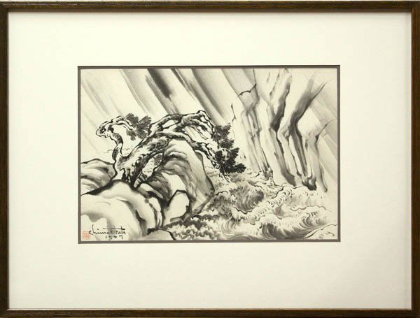 Ink drawing, Chiura Obata, Mountain Stream: Framed ink on paper, Mountain Stream, 1947, Chiura Obata (Californian, 1885-1975), signed and dated ''Chiura Obata 1947'' lower left, sight: 10.125''h x 15''w, overall: 18.625''h x 24.625''w