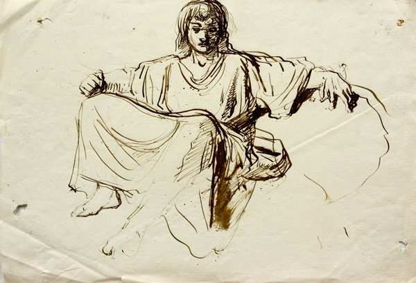 Drawing, manner of Raphael, Seated Woman: Unframed pen and ink drawing, Seated Woman with Arm Outstretched, in the manner of Raphael Urbinas Sanzio (Italian, 1483-1520), unsigned, sheet: 9.875''h x 14''w