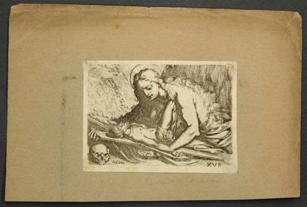 Engraving, Caracci, Madonna with Crucifix: Unframed engraving, Penitent Madonna with Crucifix, possibly by Annibale Carracci (Italian, 1560-1609), plate marked ''A.C.IN.'' lower left, plate marked ''XVII'' lower right, sheet: 3.625''h x 5''w