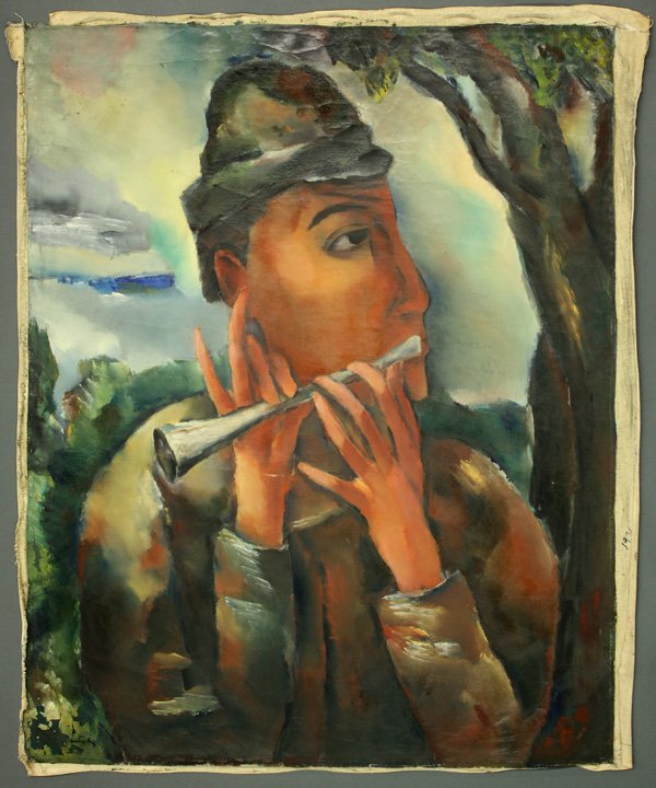 Painting, Boris Deutsch, Piper: Unframed oil on canvas, Piper, by Boris Deutsch (Californian, 1892-1978), signed ''Deutsch'' lower left, overall: 30.75''h x 26''w