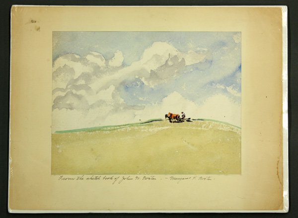 Watercolor, John Warner Norton, Farmer: Unframed matted watercolor, Farmer with Horses and Plow against the Sky, by John Warner Norton (American, 1876-1934), signed and inscribed by Margaret F. Norton lower edge, sight: 6.125''h x 8.125''w,