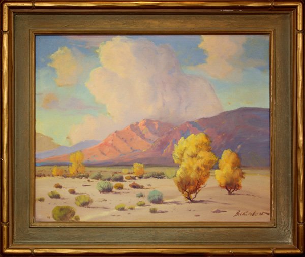 Painting, Bickerstaff, Desert Landscape: Framed oil on canvas, Desert Landscape with Red Hills, by George Sanders Bickerstaff (Californian, 1893-1954), signed ''Bickerstaff'' lower right, sight: 23.5''h x 29.5''w, overall: 32''h x 38''w