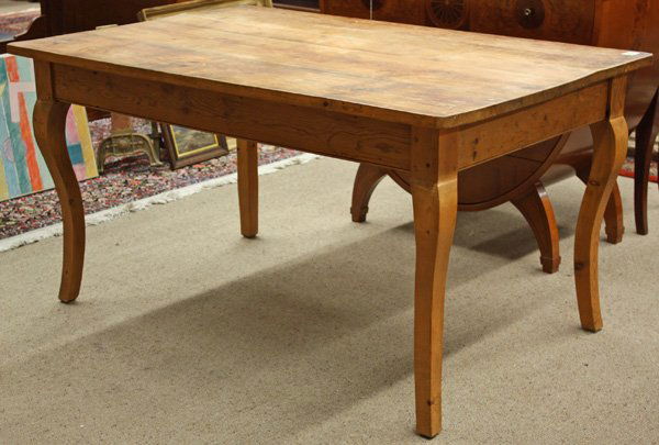 Louis XV style hard pine dining table: Louis XV style hard pine dining table rising on cabriole legs, 30''h x 58''w x 38''d
