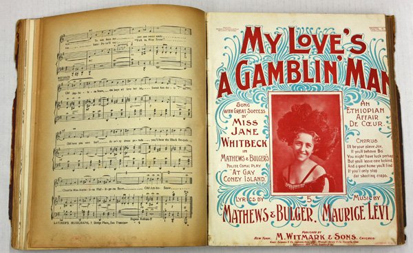leather-bound book of minstrel sheet music: Late 19th century leather-bound book of minstrel sheet music