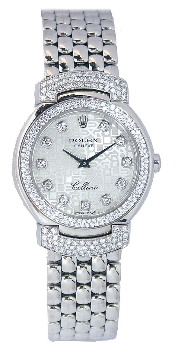 Rolex 18k white gold diamond wristwatch: Lady's Cellini ROLEX wristwatch; of 18k white gold, set with (11) diamond hour markers and diamond bezel.