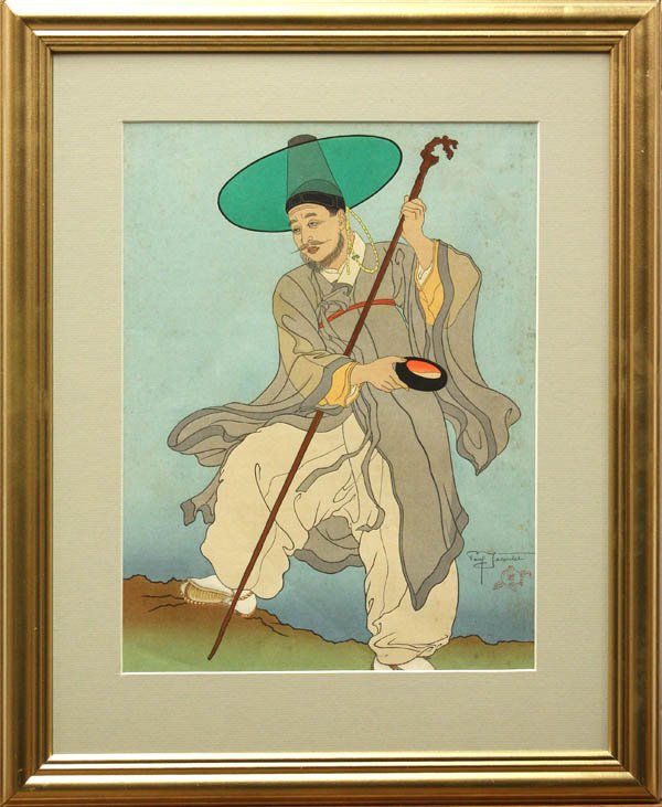Paul Jacoulet, Woodblock Print, Le Bonze Errant: Framed woodblock print, 'Le Bonze Errant. Coree' (Wandering Buddhist Priest, Korea), Miles #95, published 15 August 1948, signed Paul Jacoulet (French, 1902-1960) lower right (some foxing), overall: 2