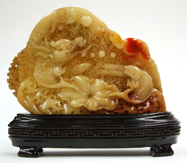 Large Shoushan Stone Seal, Dragon/Fish: Chinese carved large 'Shoushan' stone seal, fashioned with jinli (koi) fish in cresting waves, one transforming into a dragon near a gate in the background, inscribed 'li yue longmen' (=jinli fish lea