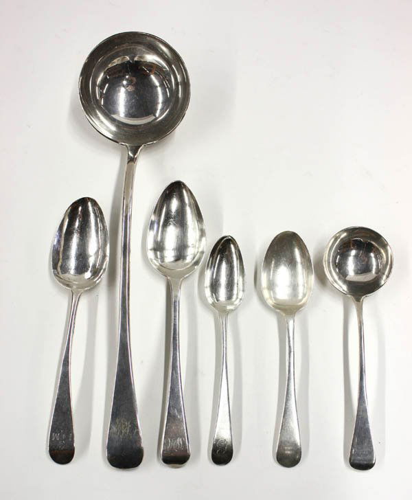 Sterling silver spoons: (lot of 6) Sterling silver spoons including a tablespoon by Hester Bateman (London) dating to 1778 and monogrammed 'GIM'; a dessert spoon by Hester Bateman with indistinct hallmarks and monogrammed 'C